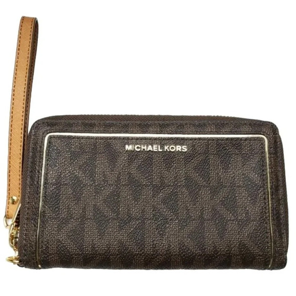 NWOT Michael Kors Brown & Gold Jet Set Pebbled Coated Zip Wristlet Wallet - Picture 1 of 6